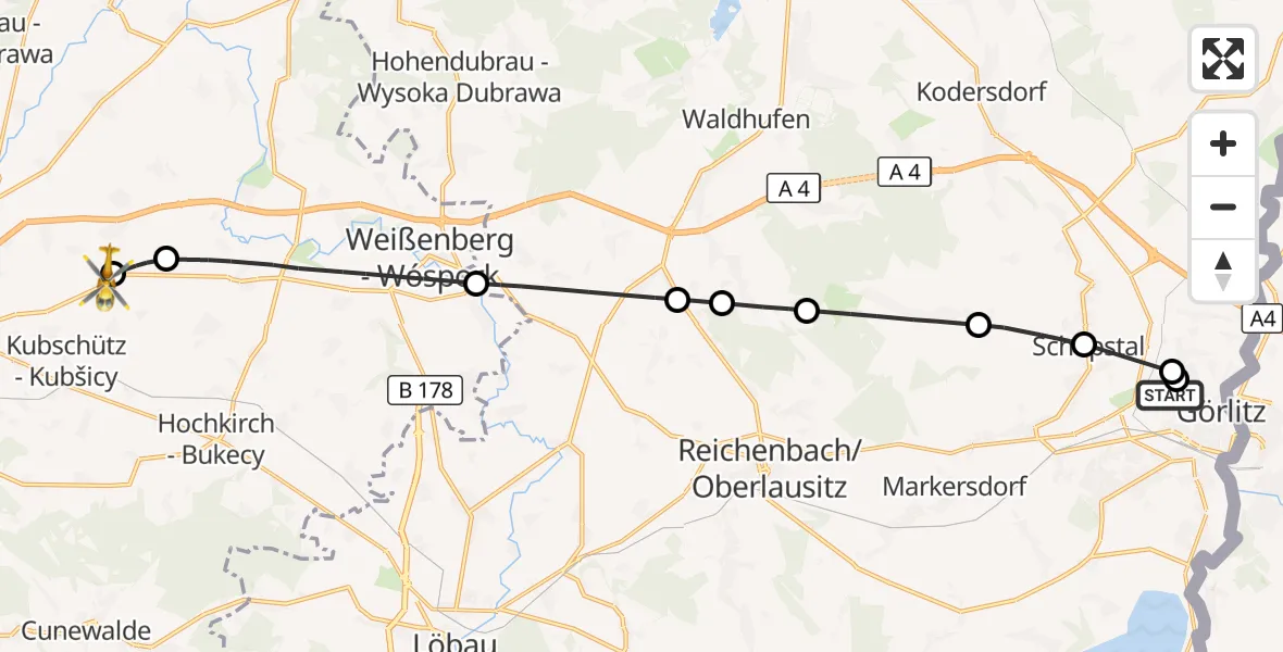 Flugroute Rettungshubschrauber Görlitz Hospital - Bautzen Flugplatz, 12 August 2026, 14:18
