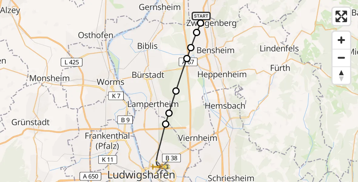 Flugroute Rettungshubschrauber Alsbach-Hähnlein - Mannheim, 12 August 2026, 14:23