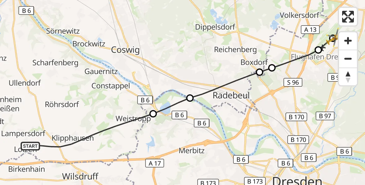 Flugroute Rettungshubschrauber Klipphausen - Dresden Bundespolizei Hubschrauberlandeplatz, 12 August 2026, 14:27