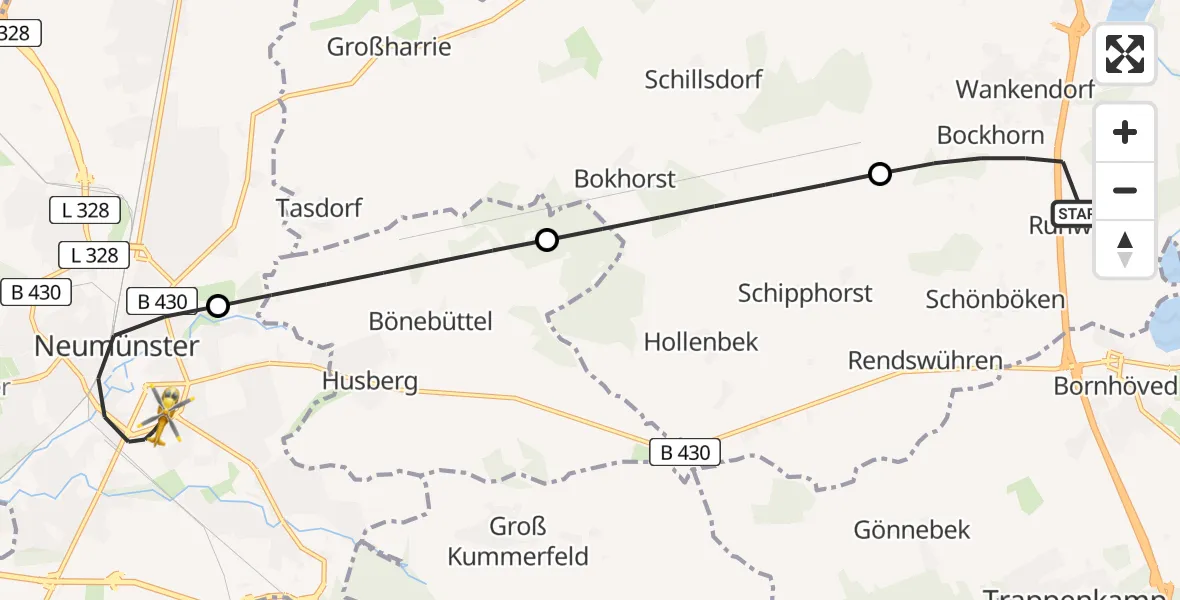 Flugroute Ambulanzhubschrauber Ruhwinkel - Neumünster, 12 August 2026, 14:41