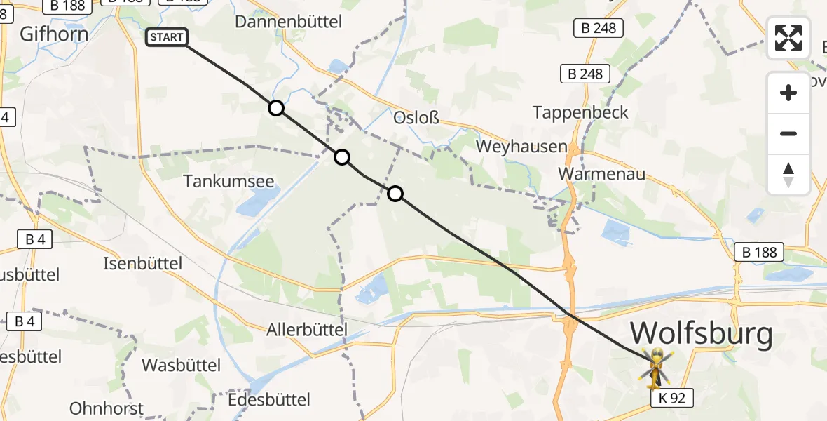 Flugroute Rettungshubschrauber Gifhorn - Wolfsburg, 12 August 2026, 14:45