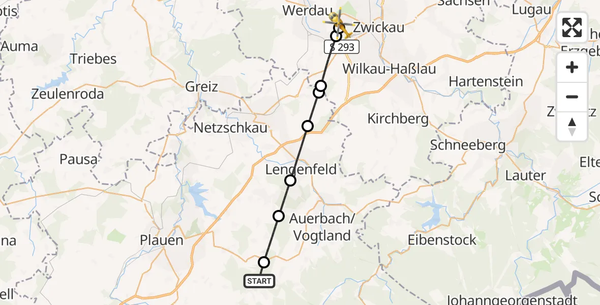Flugroute Rettungshubschrauber Bergen - ADAC Air Rescue Station Zwickau Hubschrauberlandeplatz, 12 August 2026, 14:51