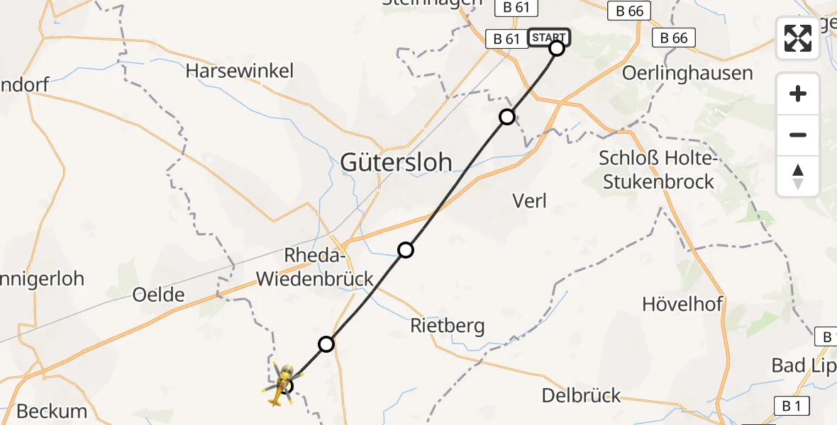 Flugroute Rettungshubschrauber Luftrettungszentrum Bielefeld - Wadersloh, 12 August 2026, 14:51