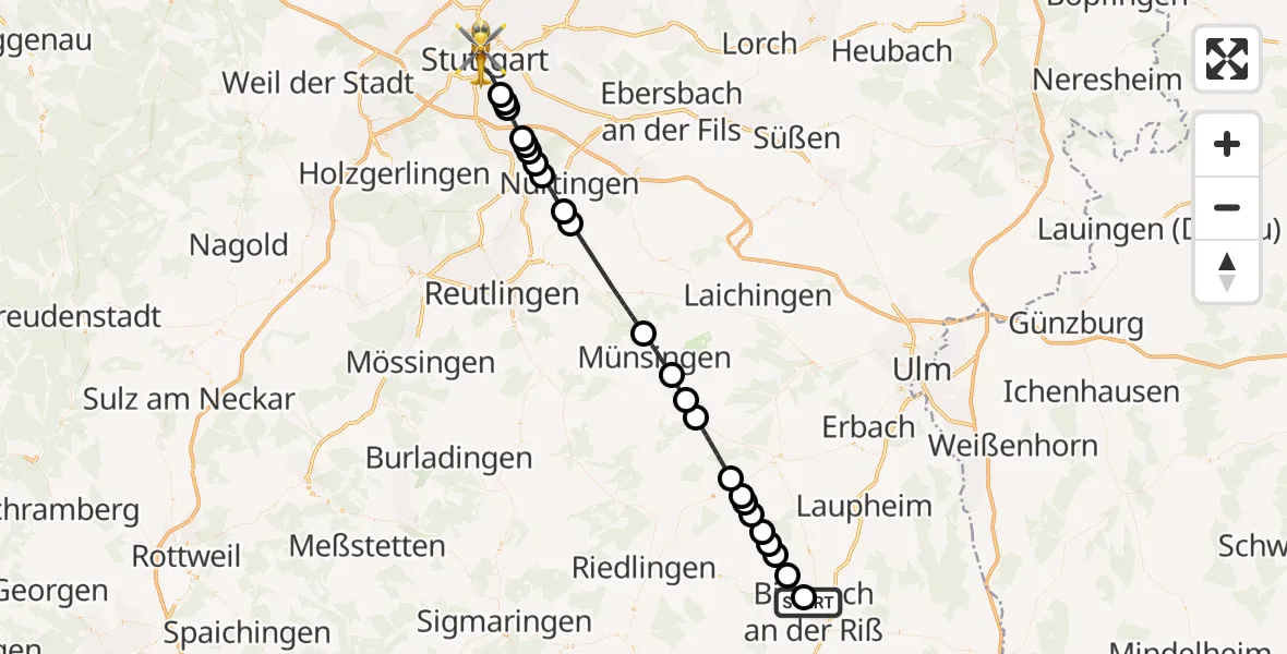 Flugroute Rettungshubschrauber Sana Clinic Biberach District Hospital - Stuttgart, 12 August 2026, 14:52