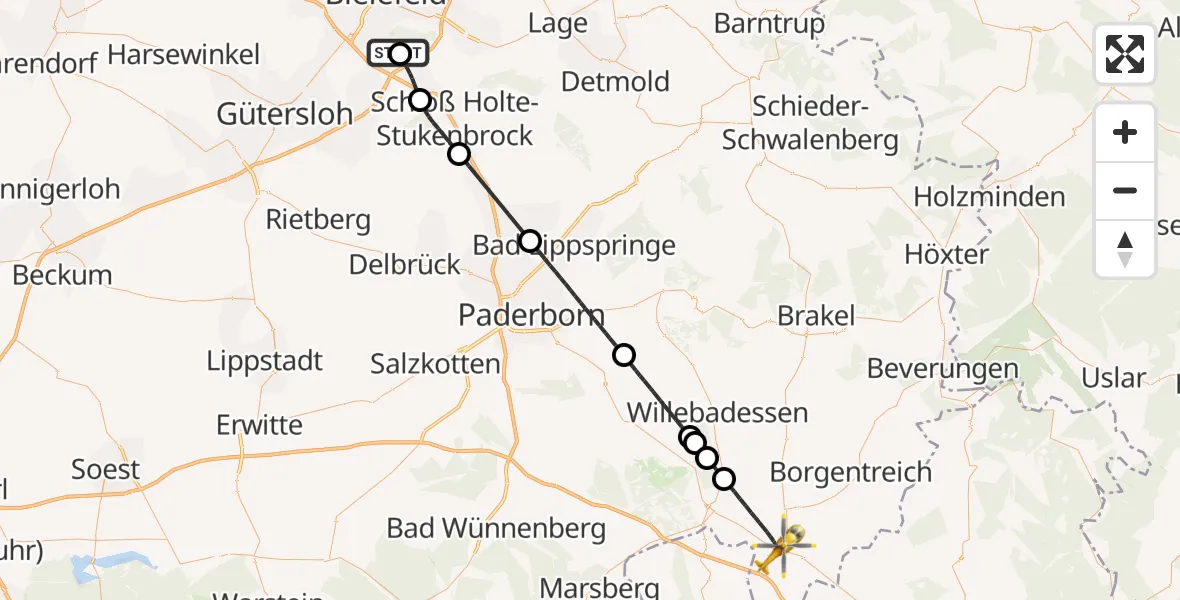 Flugroute Rettungshubschrauber Bielefeld Flughafen - Warburg, 12 August 2026, 15:00