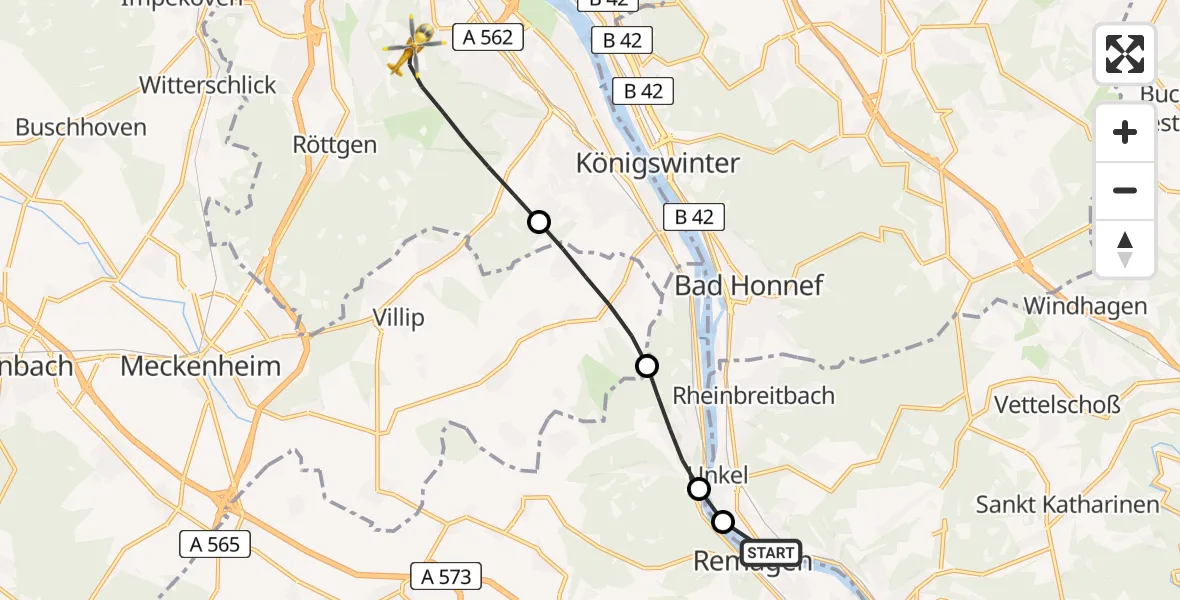 Flugroute Rettungshubschrauber Erpel - Bonn University Hospital, 12 August 2026, 15:01