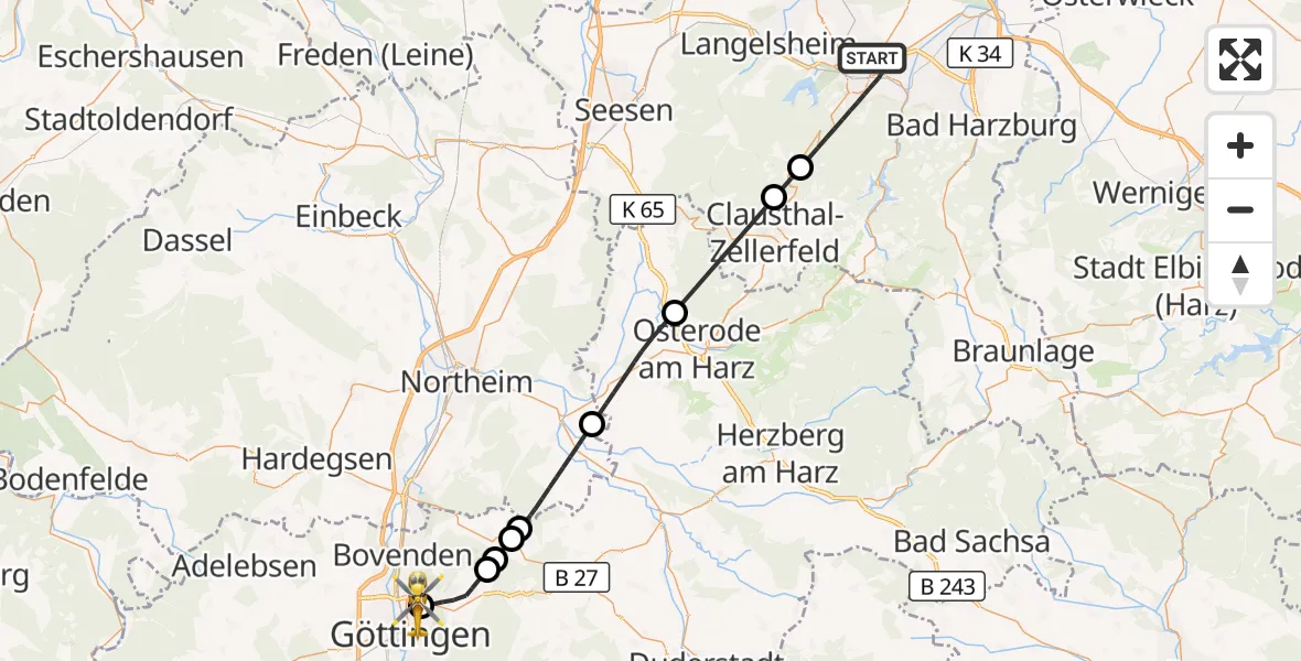 Flugroute Rettungshubschrauber Goslar - Göttingen University Clinic Hubschrauberlandeplatz, 12 August 2026, 15:01