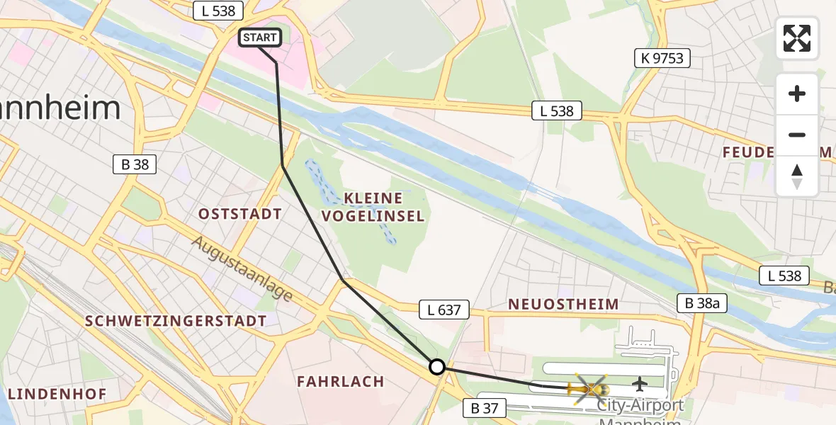Flugroute Rettungshubschrauber Mannheim - Mannheim-City Flughafen, 12 August 2026, 15:02