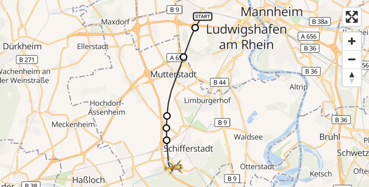 Flugroute Rettungshubschrauber Ludwigshafen Accident Hospital - Schifferstadt, 12 August 2026, 15:03