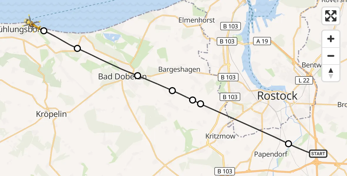 Flugroute Ambulanzhubschrauber Dummerstorf - Kühlungsborn, 12 August 2026, 15:04