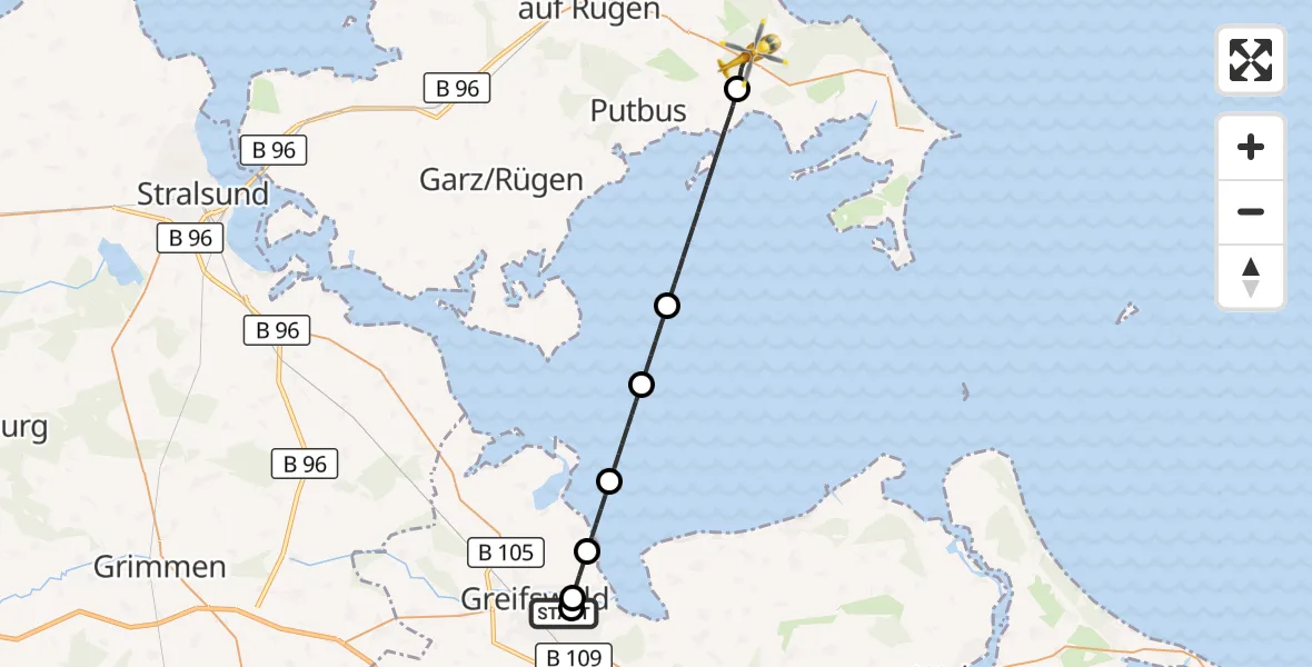Flugroute Rettungshubschrauber Greifswald Hospital - Zirkow, 12 August 2026, 15:09