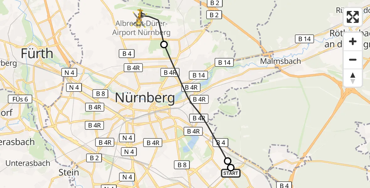 Flugroute Ambulanzhubschrauber Nürnberg South Hospital - Flughafen Nuremberg, 12 August 2026, 15:11