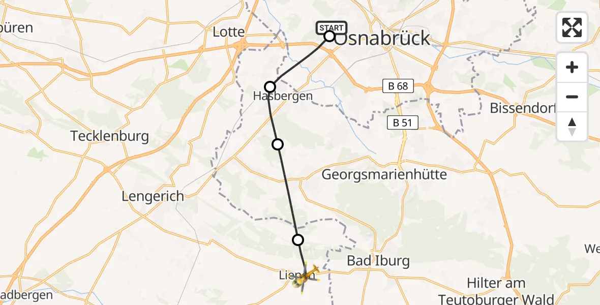 Flugroute Ambulanzhubschrauber Osnabrück Hospital - Lienen, 12 August 2026, 15:15