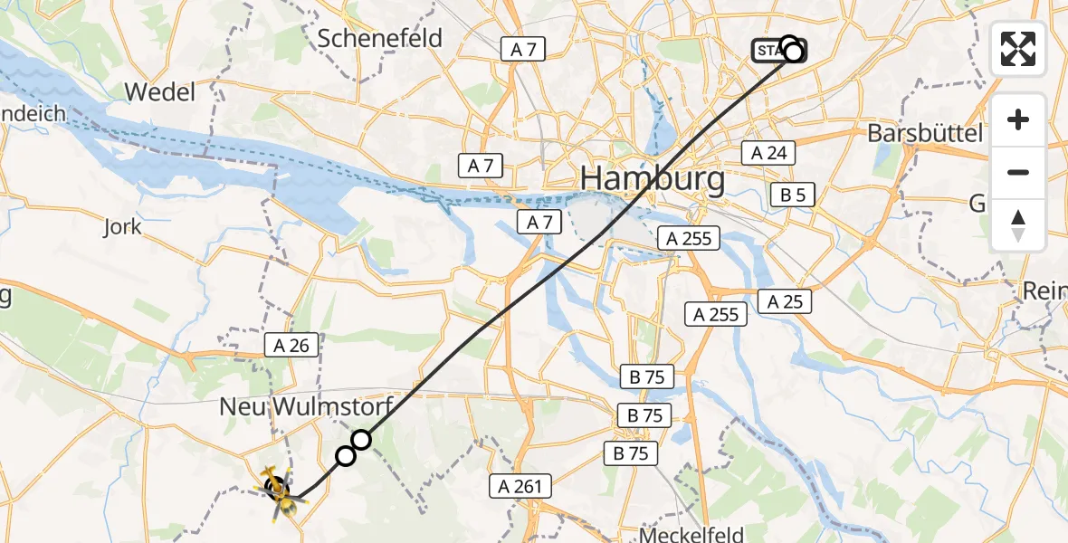 Flugroute Rettungshubschrauber Hamburg Military Hospital - Neu Wulmstorf, 12 August 2026, 15:18