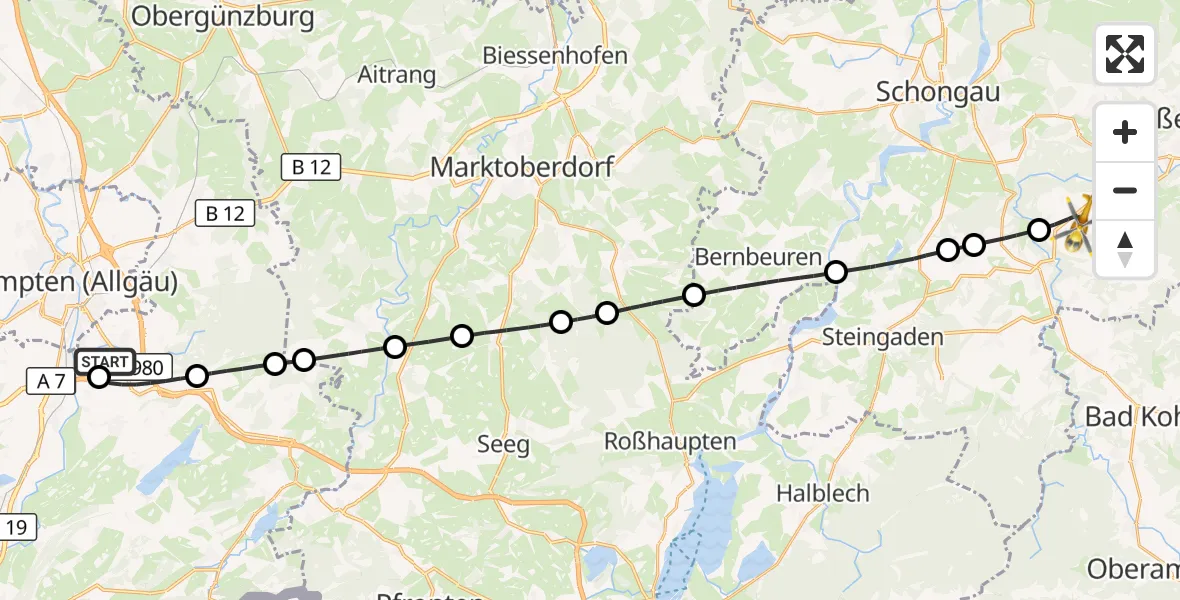 Flugroute Rettungshubschrauber Kempten-Durach Flugplatz - Böbing, 12 August 2026, 15:21