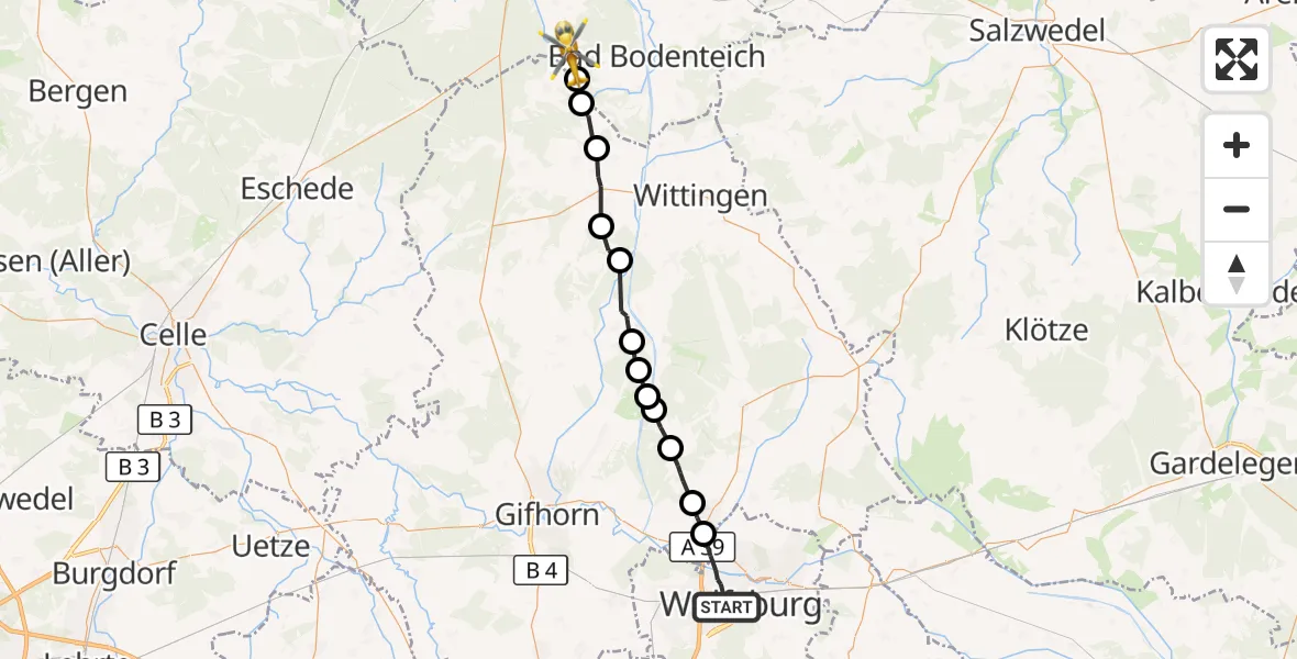 Flugroute Rettungshubschrauber Wolfsburg - Wrestedt, 12 August 2026, 15:22