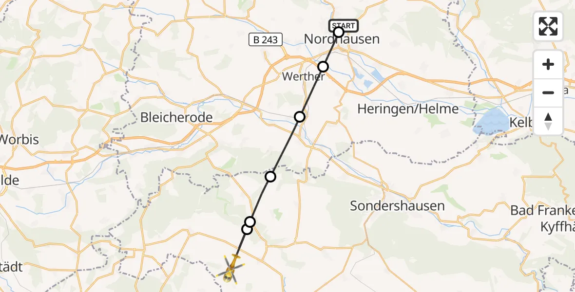 Flugroute Rettungshubschrauber Südharz Hospital Nordhausen - Helbedündorf, 12 August 2026, 15:35