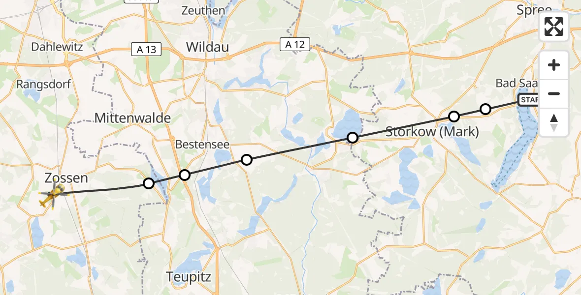 Flugroute Rettungshubschrauber Bad Saarow - Zossen, 12 August 2026, 15:39