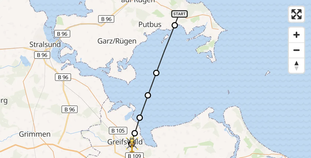 Flugroute Rettungshubschrauber Zirkow - Greifswald Hospital, 12 August 2026, 15:39