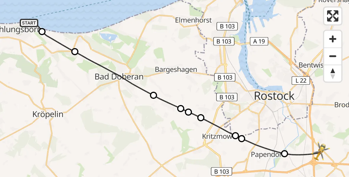 Flugroute Ambulanzhubschrauber Kühlungsborn - Dummerstorf, 12 August 2026, 15:46