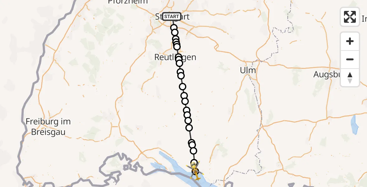 Flugroute Rettungshubschrauber Stuttgart - Friedrichshafen Hospital, 12 August 2026, 15:49