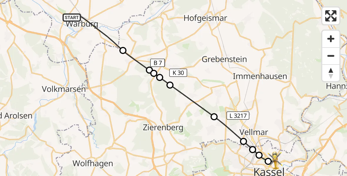 Flugroute Rettungshubschrauber Warburg - Kassel, 12 August 2026, 15:50