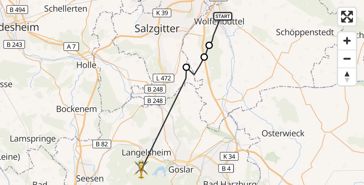 Flugroute Rettungshubschrauber Wolfenbüttel - Langelsheim, 12 August 2026, 16:00
