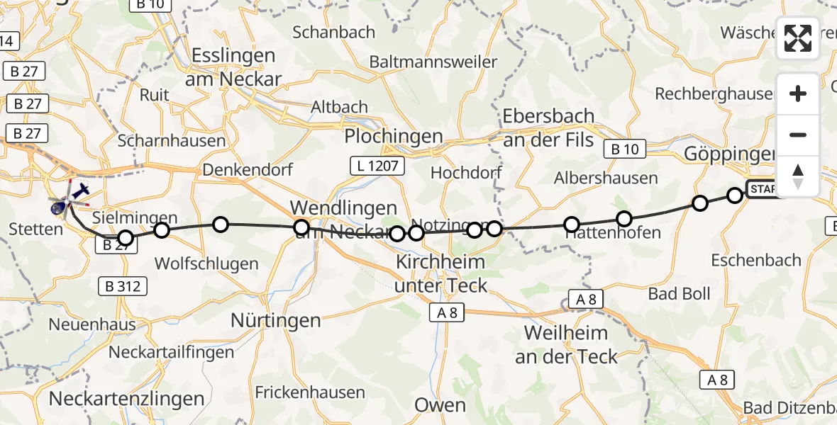 Flugroute Polizeihubschrauber Göppingen - Flughafen Stuttgart, 12 August 2026, 16:03