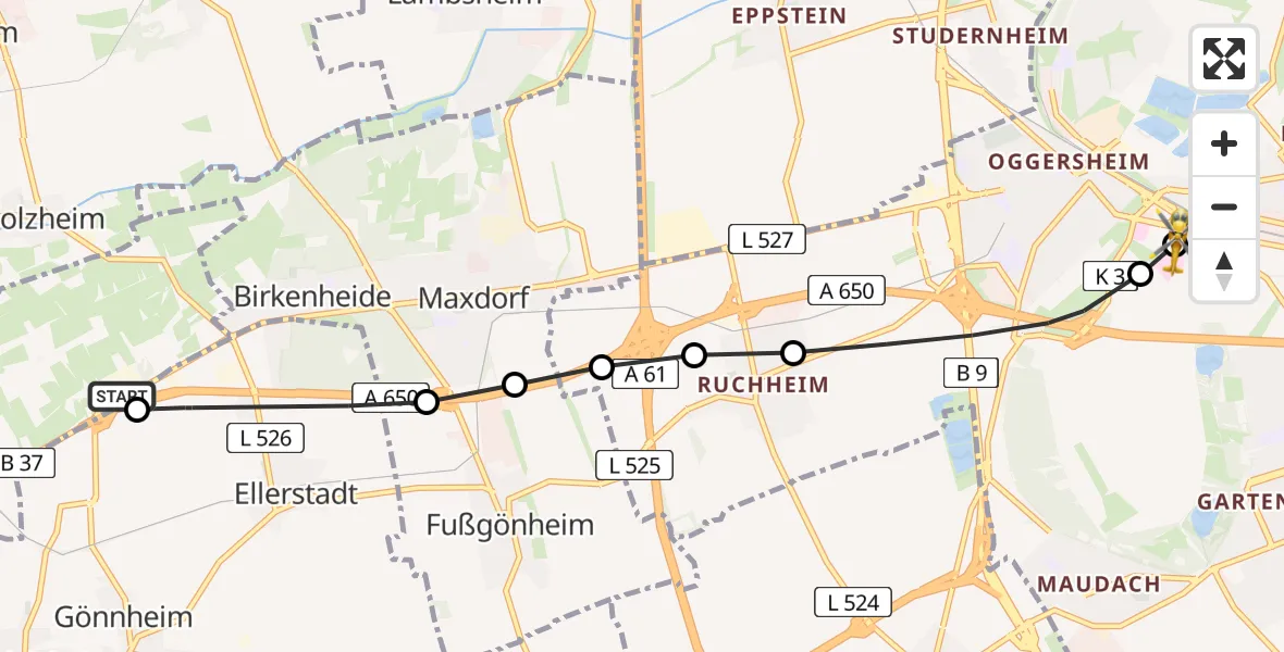 Flugroute Rettungshubschrauber Bad Dürkheim - Ludwigshafen Accident Hospital, 12 August 2026, 16:10