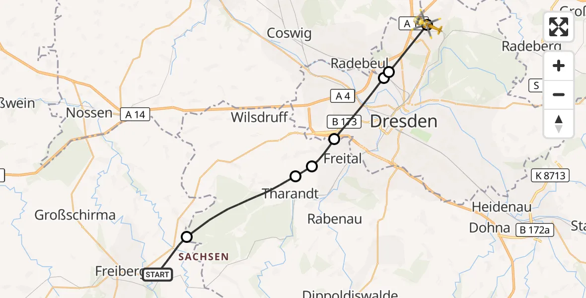 Flugroute Rettungshubschrauber Bobritzsch-Hilbersdorf - Dresden Bundespolizei Hubschrauberlandeplatz, 12 August 2026, 16:13