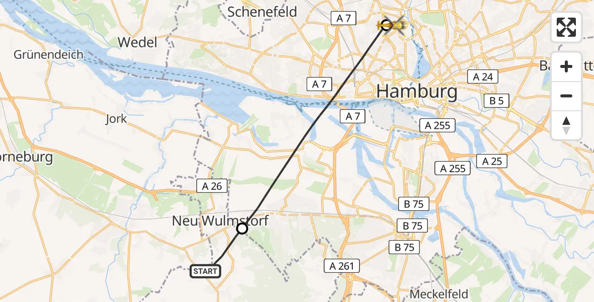 Flugroute Rettungshubschrauber Neu Wulmstorf - Universitätsklinikum Hamburg-Eppendorf Hubschrauberlandeplatz, 12 August 2026, 16:14