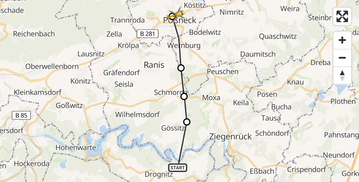 Flugroute Rettungshubschrauber Altenbeuthen UL - Pößneck, 12 August 2026, 16:17