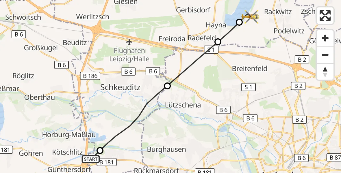 Flugroute Rettungshubschrauber ADAC Air Rescue Station Leipzig/Schkeuditz-Dölzig Hubschrauberlandeplatz (Christoph 61) - Rackwitz, 12 August 2026, 16:17
