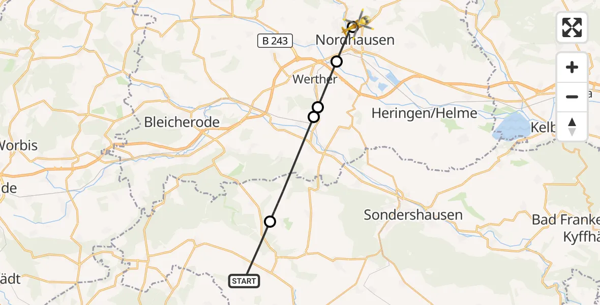 Flugroute Rettungshubschrauber Helbedündorf - Südharz Hospital Nordhausen, 12 August 2026, 16:20