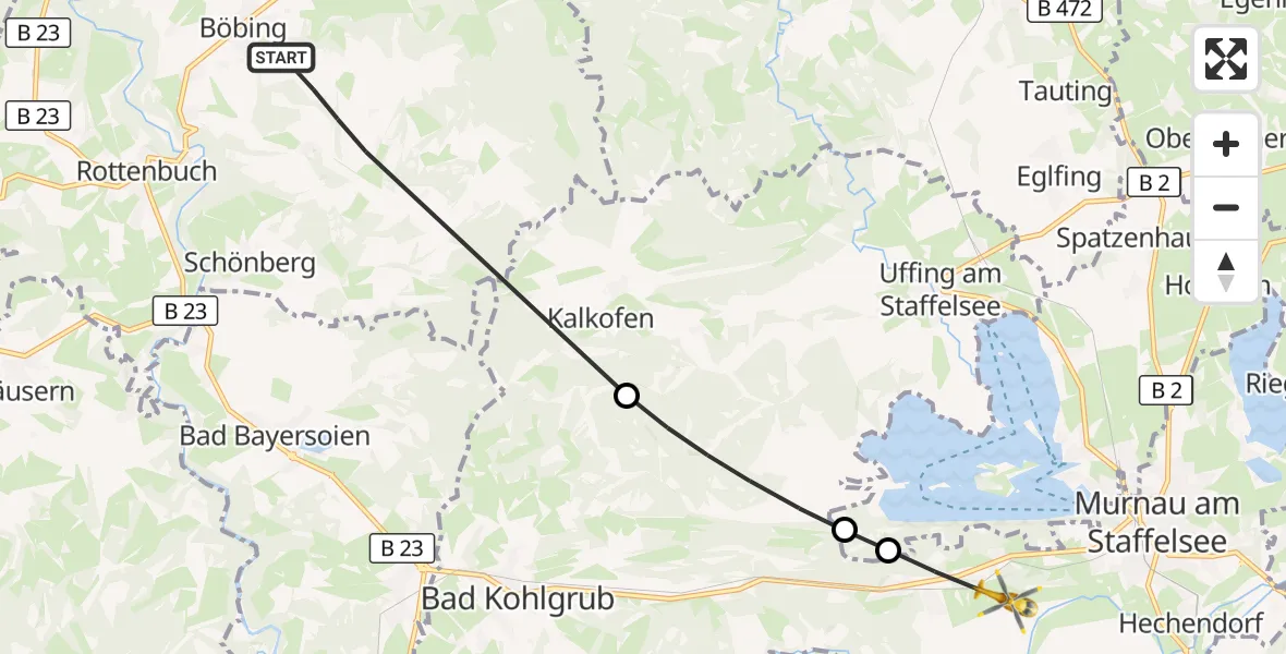 Flugroute Rettungshubschrauber Böbing - Murnau a.Staffelsee, 12 August 2026, 16:22
