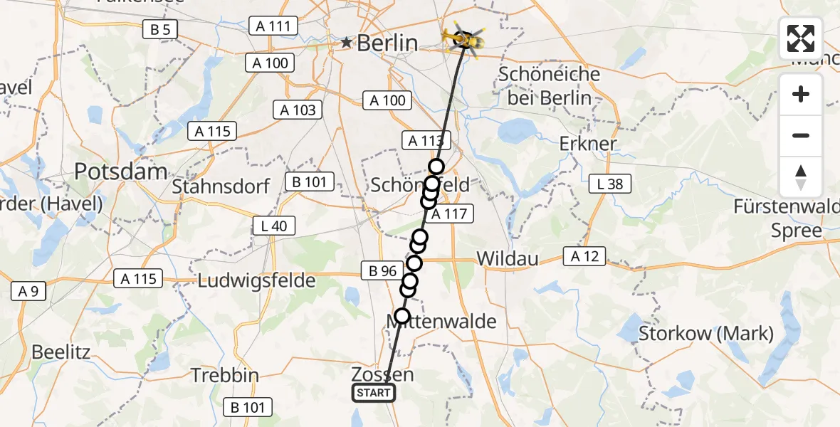 Flugroute Rettungshubschrauber Zossen - Berlin Emergency Hospital, 12 August 2026, 16:25