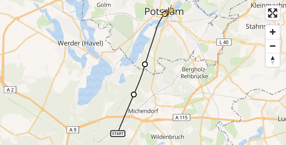 Flugroute Rettungshubschrauber Seddiner See - Ernst von Bergmann Clinic Hubschrauberlandeplatz, 12 August 2026, 16:26