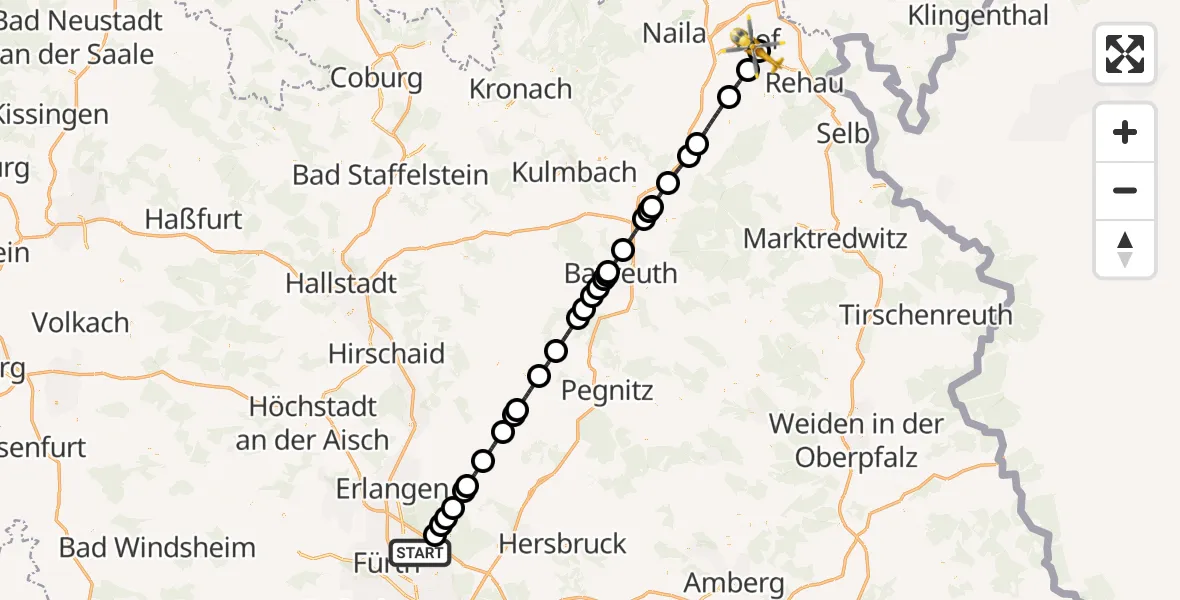 Flugroute Rettungshubschrauber Flughafen Nuremberg - Sana Clinic Hof Hubschrauberlandeplatz, 12 August 2026, 16:28