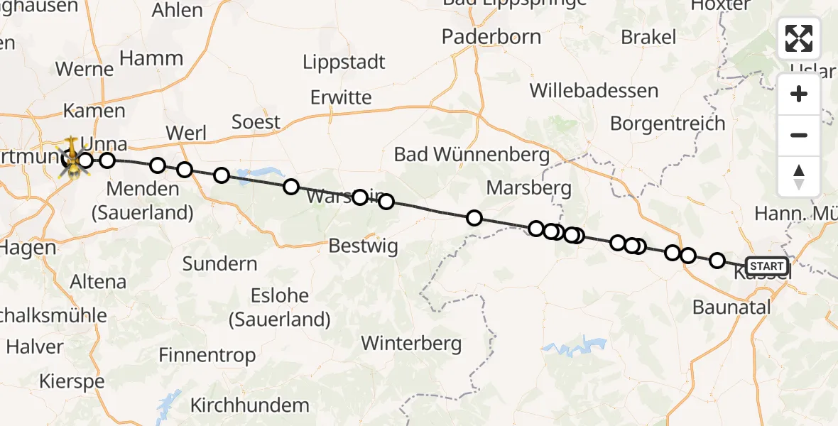 Flugroute Rettungshubschrauber Kassel - Dortmund Flughafen, 12 August 2026, 16:29