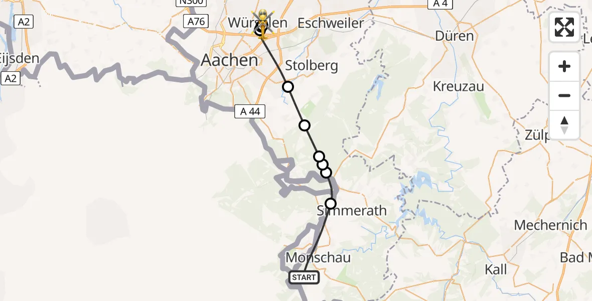Flugroute Rettungshubschrauber Monschau - Rhein-Maas Hospital, 12 August 2026, 16:31