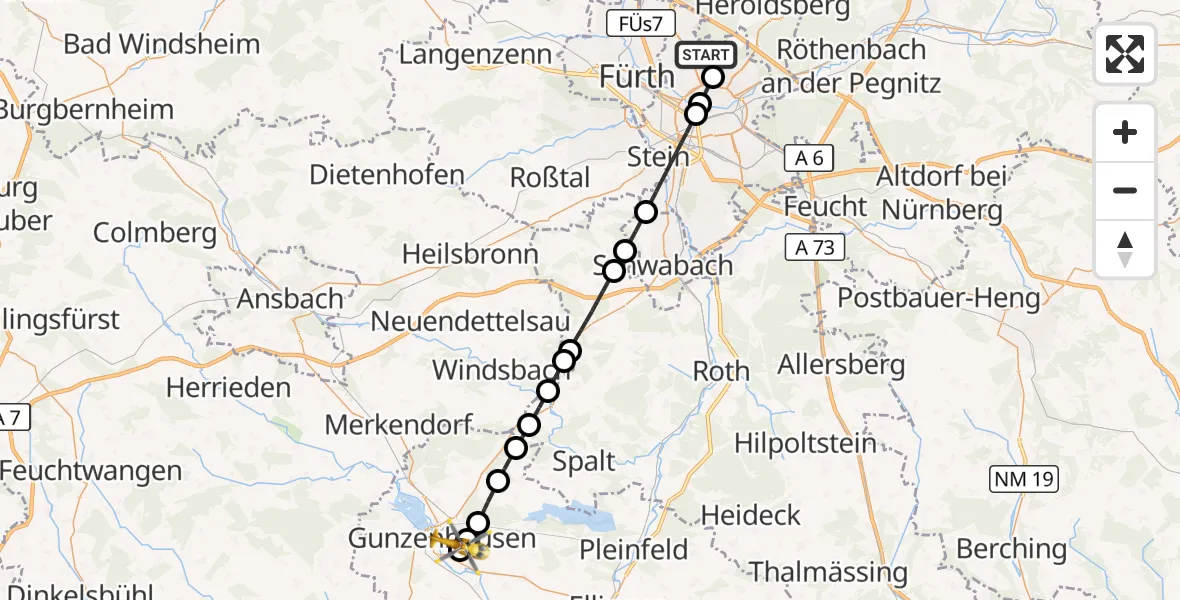 Flugroute Ambulanzhubschrauber Flughafen Nuremberg - Gunzenhausen, 12 August 2026, 16:39