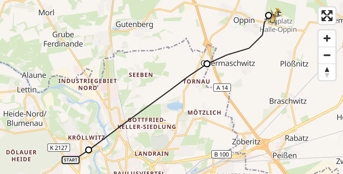 Flugroute Rettungshubschrauber Halle (Saale) University Hospital - Halle-Oppin Flugplatz, 12 August 2026, 16:41