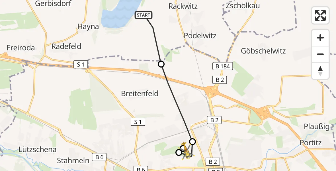 Flugroute Rettungshubschrauber Rackwitz - Sankt Georg Hospital Leipzig Reserve, 12 August 2026, 16:50