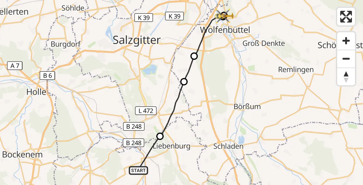 Flugroute Rettungshubschrauber Liebenburg - Wolfenbüttel Municipal Hospital Heliport (Christoph 30), 12 August 2026, 16:53