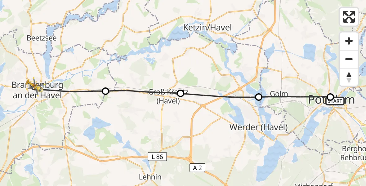 Flugroute Rettungshubschrauber Ernst von Bergmann Clinic Hubschrauberlandeplatz - Brandenburg an der Havel, 12 August 2026, 16:54