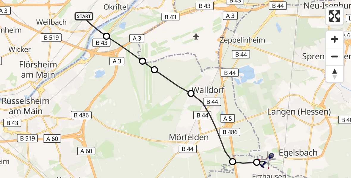 Flugroute Polizeihubschrauber Hattersheim am Main - Flughafen Frankfurt-Egelsbach, 12 August 2026, 17:02