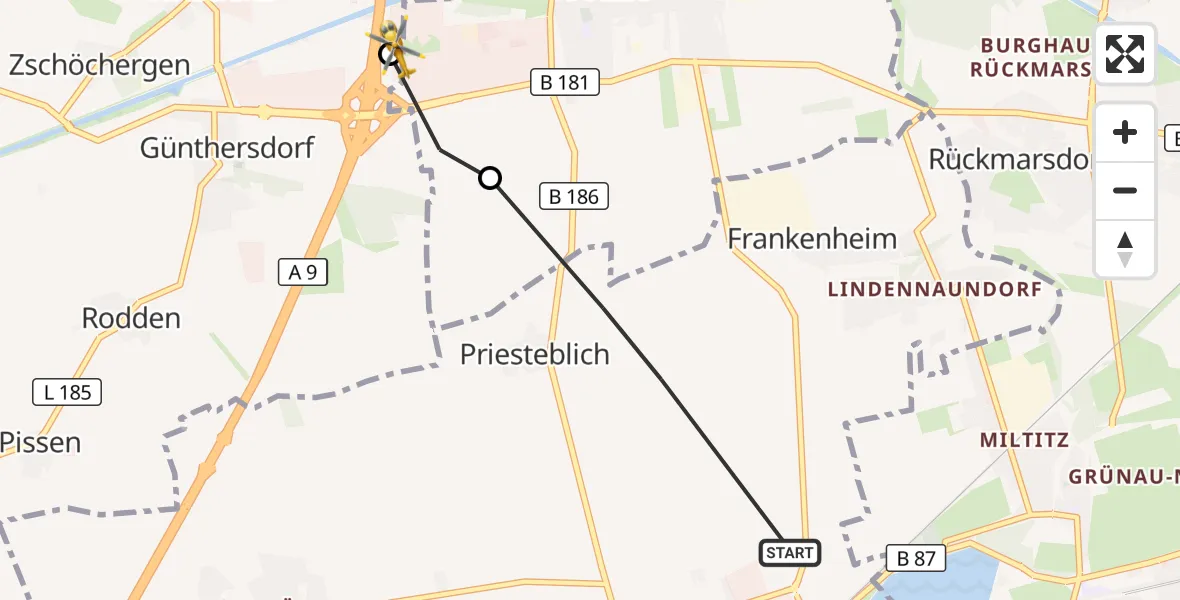 Flugroute Rettungshubschrauber Markranstädt - ADAC Air Rescue Station Leipzig/Schkeuditz-Dölzig Hubschrauberlandeplatz (Christoph 61), 12 August 2026, 17:03