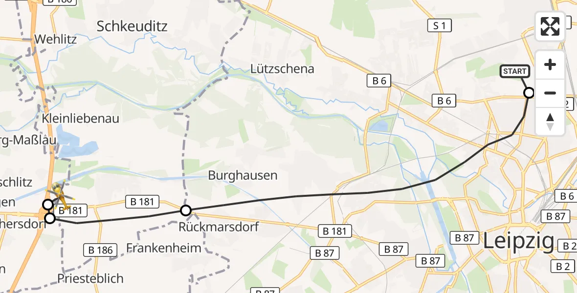 Flugroute Rettungshubschrauber Sankt Georg Hospital Leipzig Reserve - ADAC Air Rescue Station Leipzig/Schkeuditz-Dölzig Hubschrauberlandeplatz (Christoph 61), 12 August 2026, 17:10