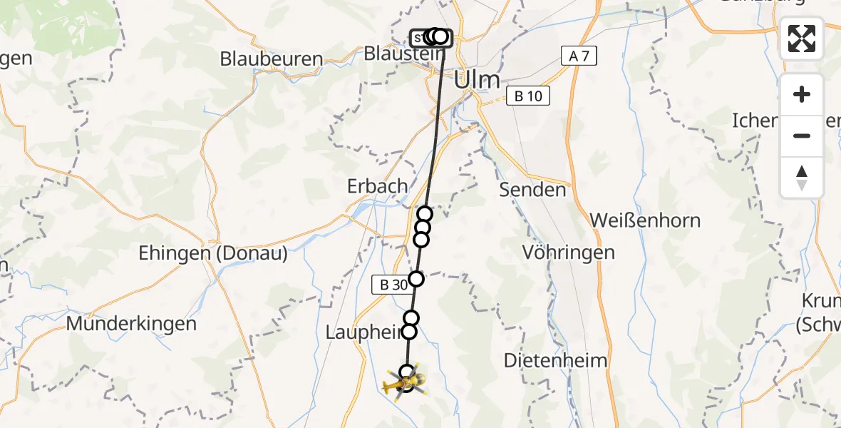Flugroute Rettungshubschrauber Ulm Military Hospital Emergency - Mietingen, 12 August 2026, 17:10