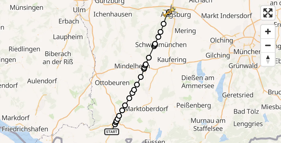 Flugroute Rettungshubschrauber Waltenhofen - Augsburg University Hospital, 12 August 2026, 17:11